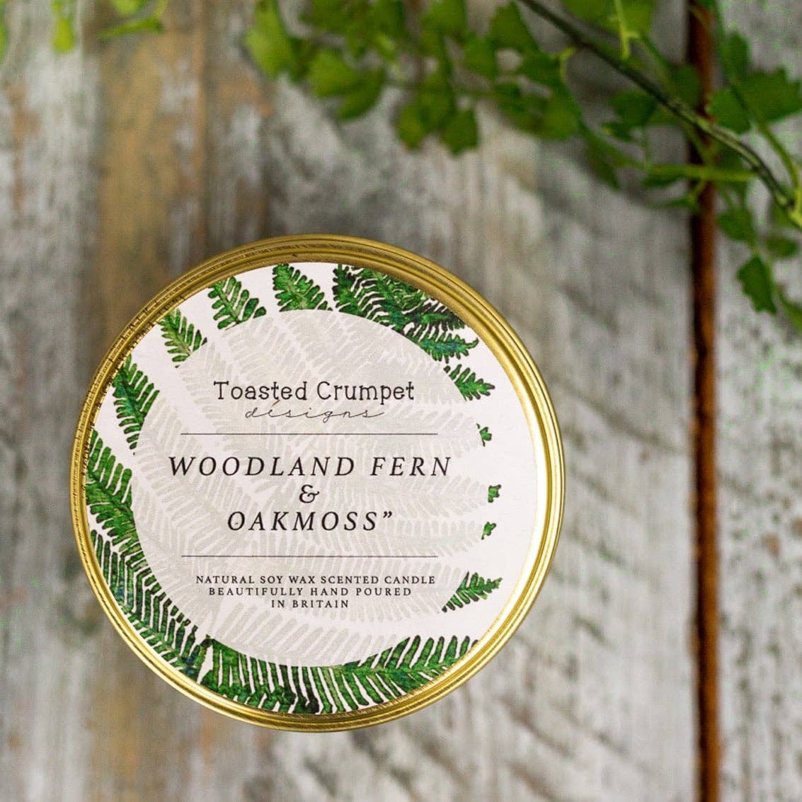 Woodland Fern &amp; Oakmoss Candle in a Matt Gold Tin