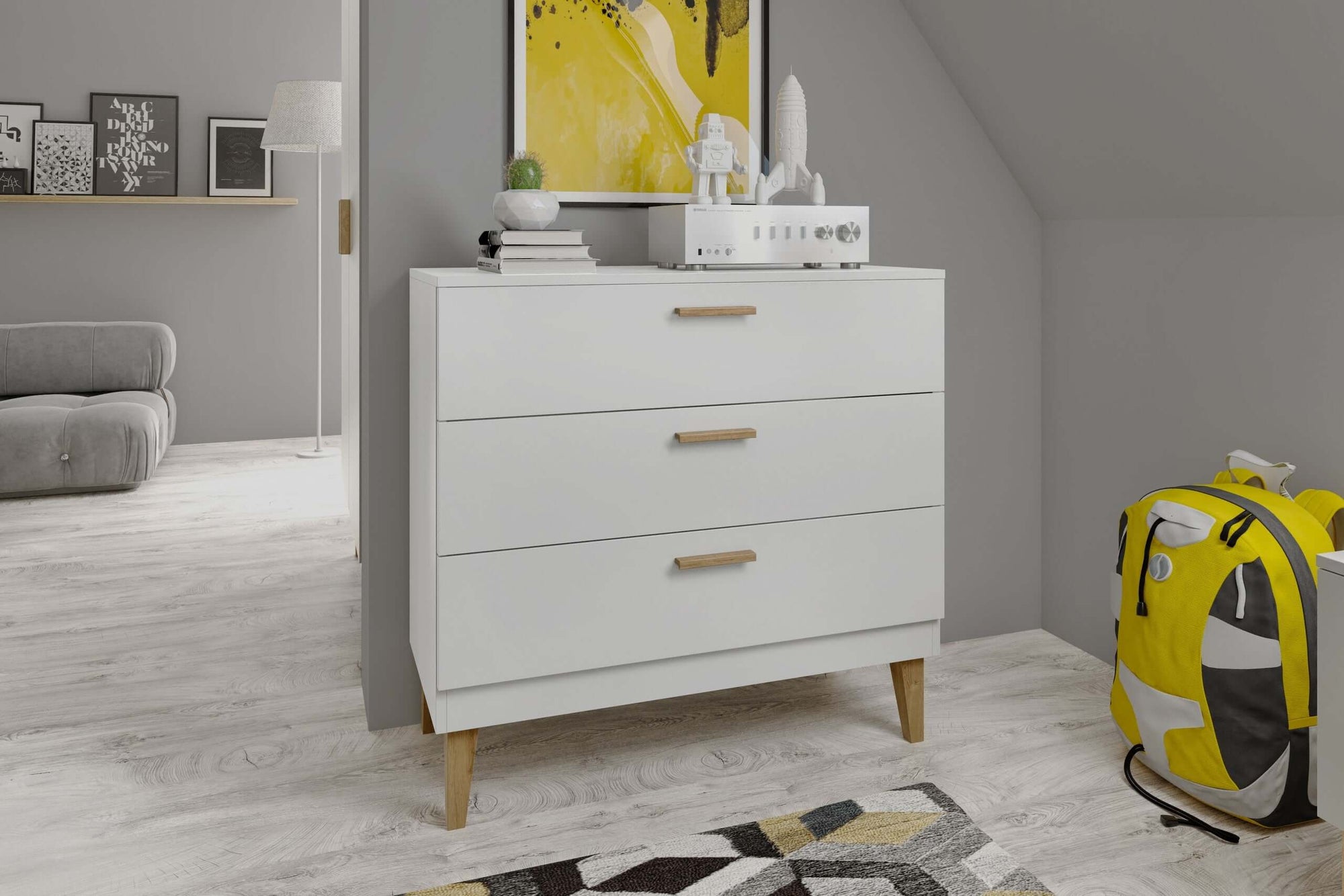 White Chest of Drawers with Oak Accent