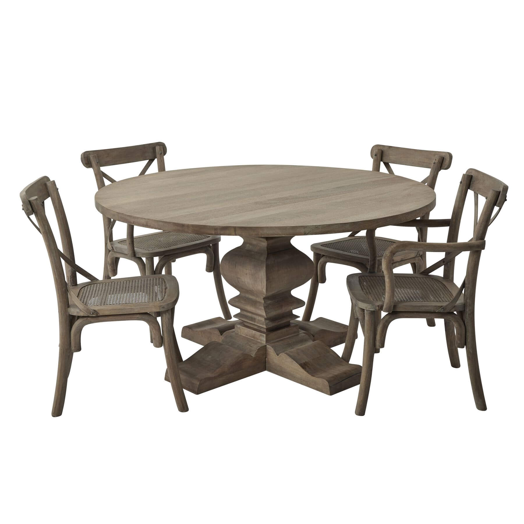 Copgrove round pedestal dining table in bleached hardwood with black iron accents, warm brown tones, 150cm diameter by Sostter at brixbailey.com