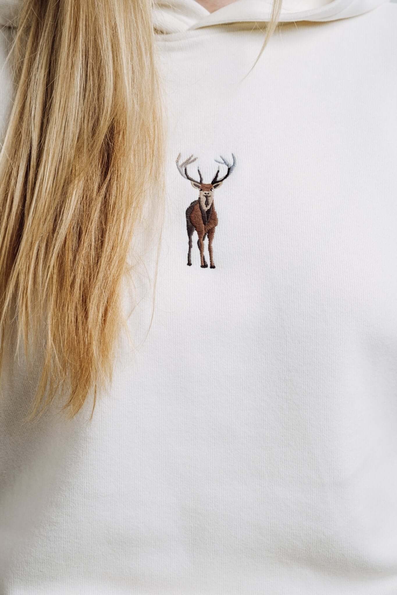 Unisex Cream Hoodie with Embroidered Deer