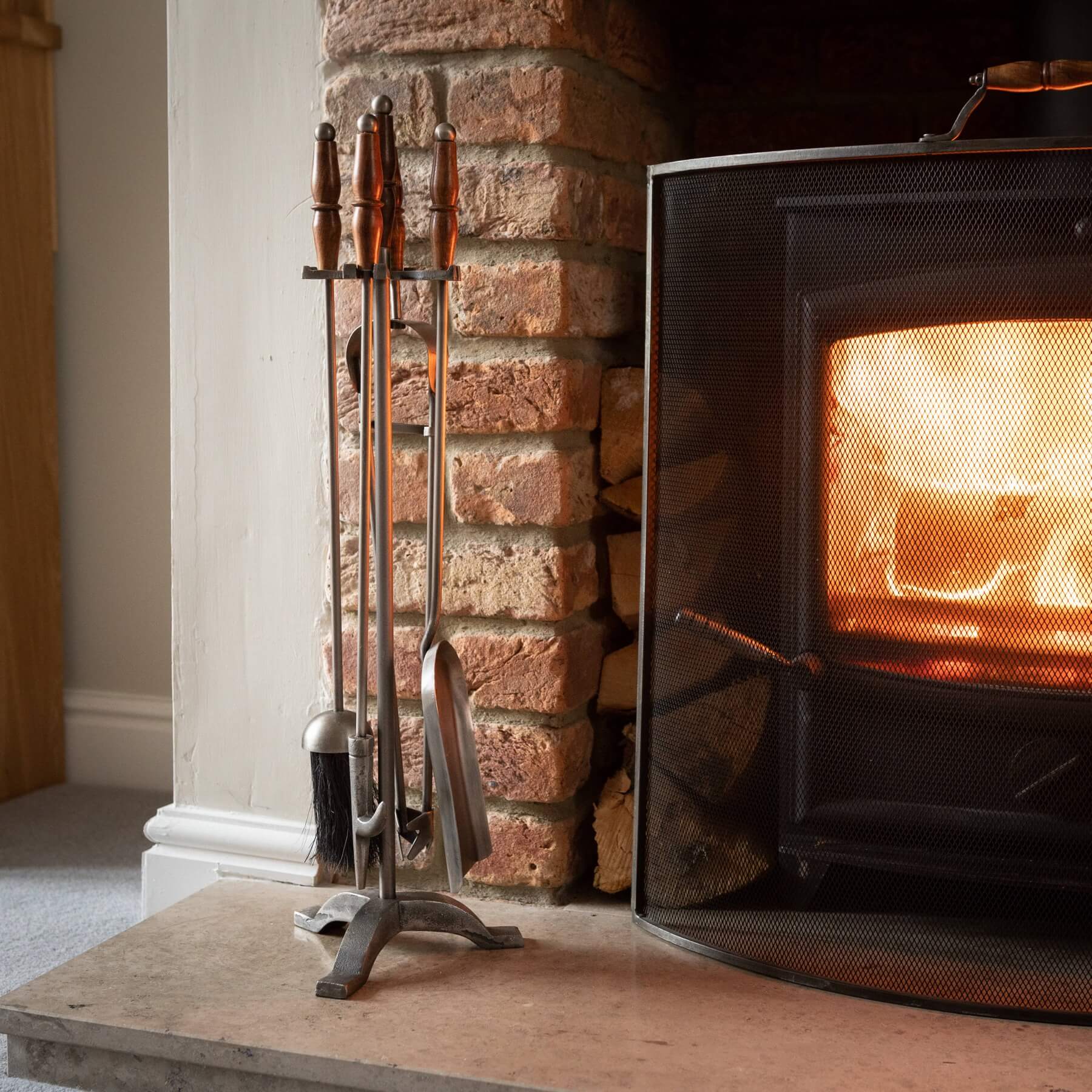 Antique Pewter Fire Companion Set | Hand Turned Wooden Handles