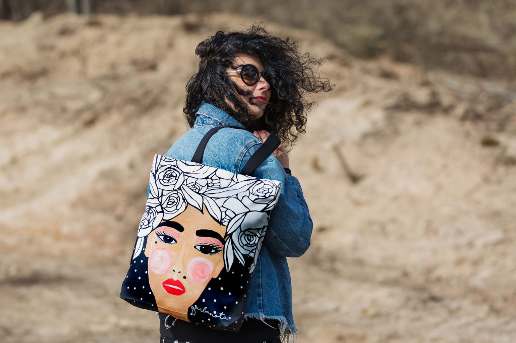 Black Handmade Tote Bag with Illustrated Design