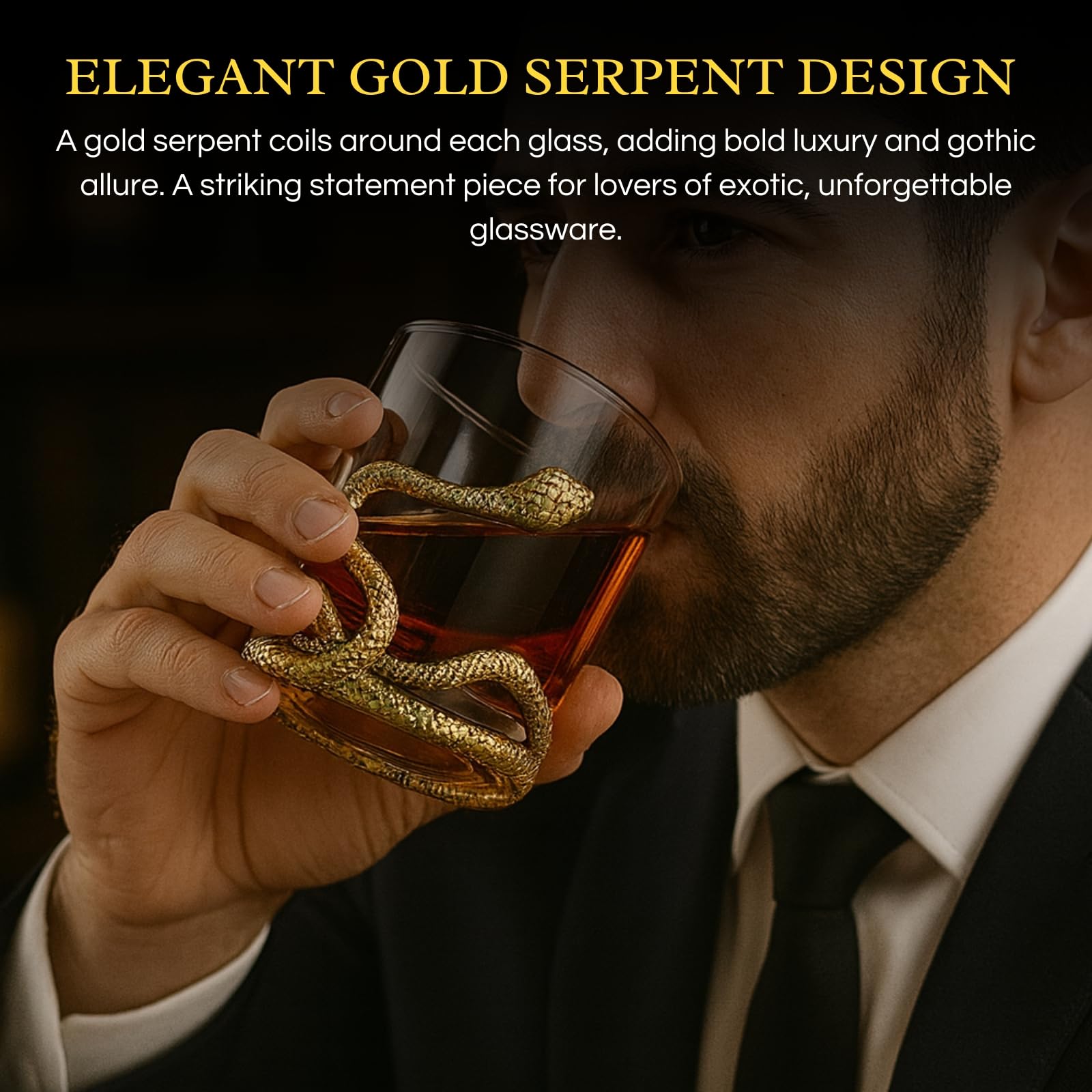 Snake Serpent Whiskey Glasses - 2 Glass Set Gold Design Unique Reptile Inspired Barware for Themed Parties Gothic Décor Snake Lover Gifts or Spooky Drinking Glasses Perfect for Cocktails and Spirits-2