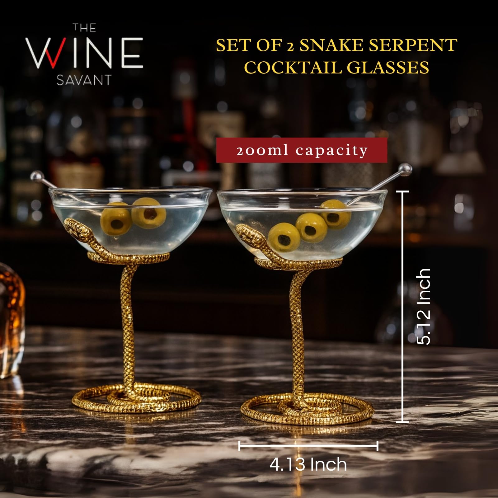 Snake Serpent Cocktail Glasses - 2 Set Gold Design Unique Reptile Inspired Barware - Themed Parties Gothic Décor Snake Lover Gifts or Spooky Drinking Glasses Perfect for Mixed Drinks and Entertaining-1