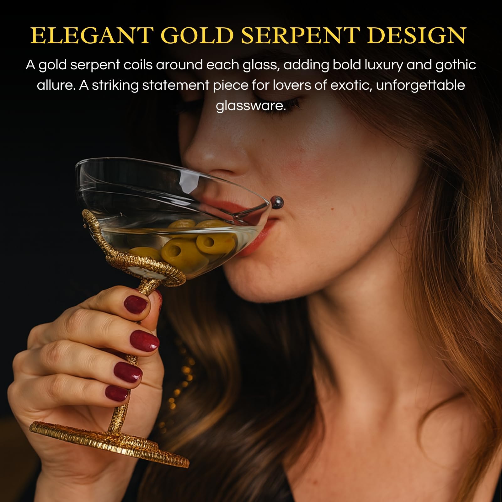 Snake Serpent Cocktail Glasses - 2 Set Gold Design Unique Reptile Inspired Barware - Themed Parties Gothic Décor Snake Lover Gifts or Spooky Drinking Glasses Perfect for Mixed Drinks and Entertaining-2