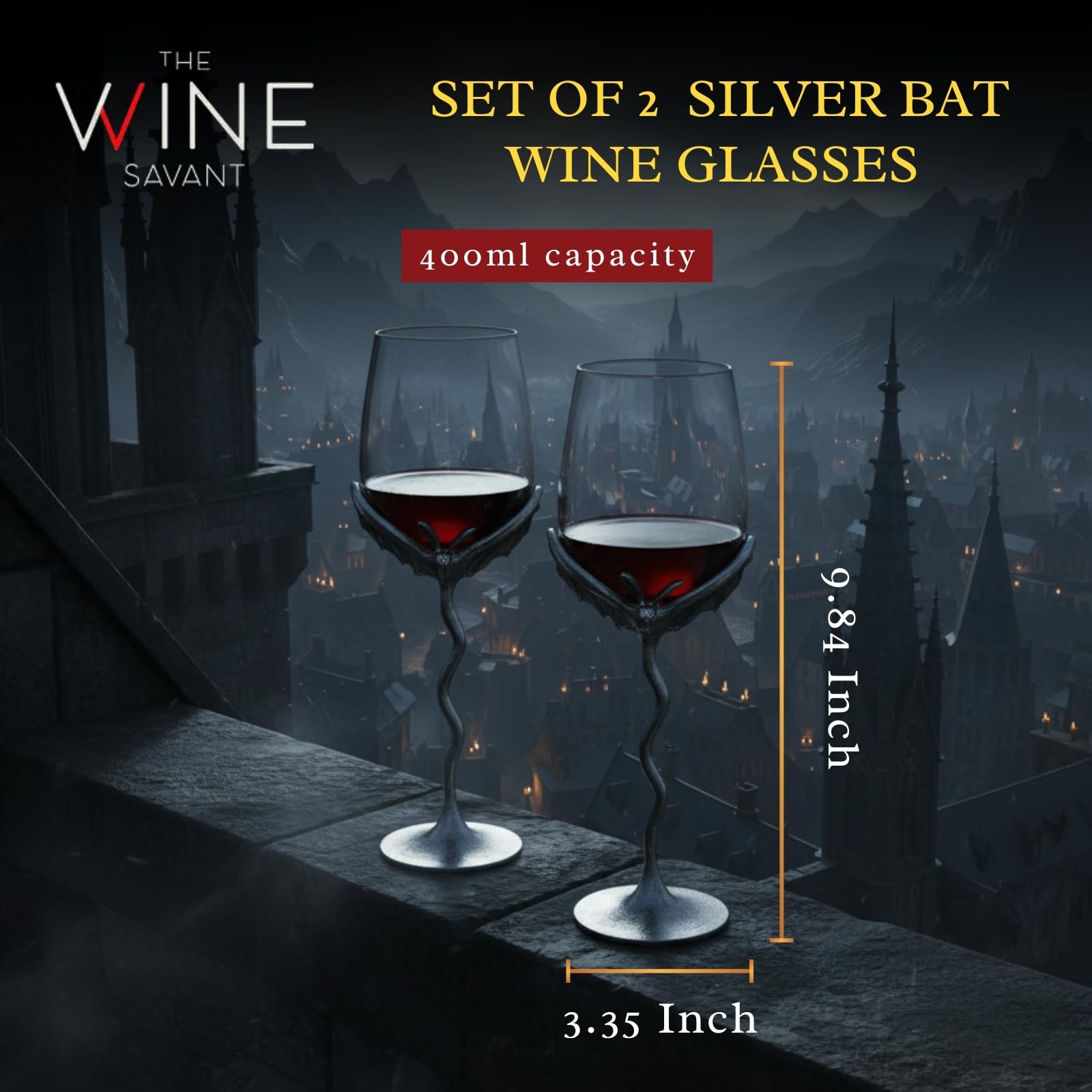 Silver Bat Wine Glasses Set of 2 Gothic Goblet Pair with Alloy Steel Stems and Borosilicate Glass Unique Barware Decorative Halloween or Vampire Glassware for Wine Party Dining Table or Holiday Gift-1