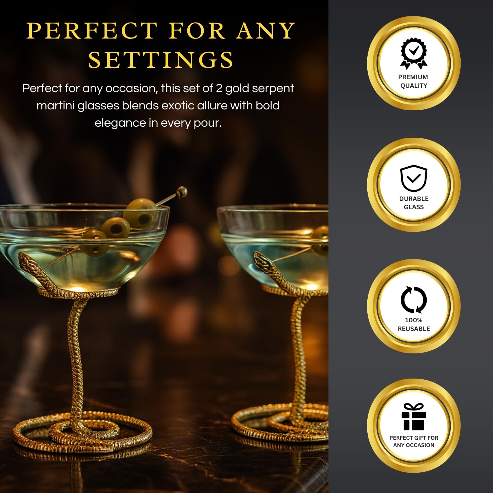 Snake Serpent Cocktail Glasses - 2 Set Gold Design Unique Reptile Inspired Barware - Themed Parties Gothic Décor Snake Lover Gifts or Spooky Drinking Glasses Perfect for Mixed Drinks and Entertaining-3