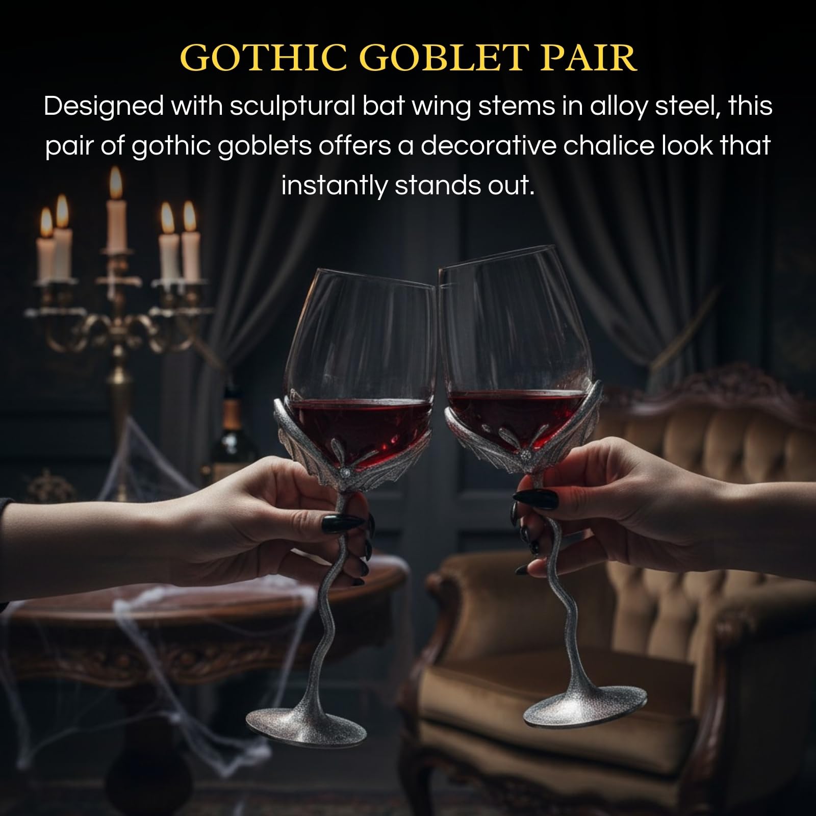 Silver Bat Wine Glasses Set of 2 Gothic Goblet Pair with Alloy Steel Stems and Borosilicate Glass Unique Barware Decorative Halloween or Vampire Glassware for Wine Party Dining Table or Holiday Gift-2