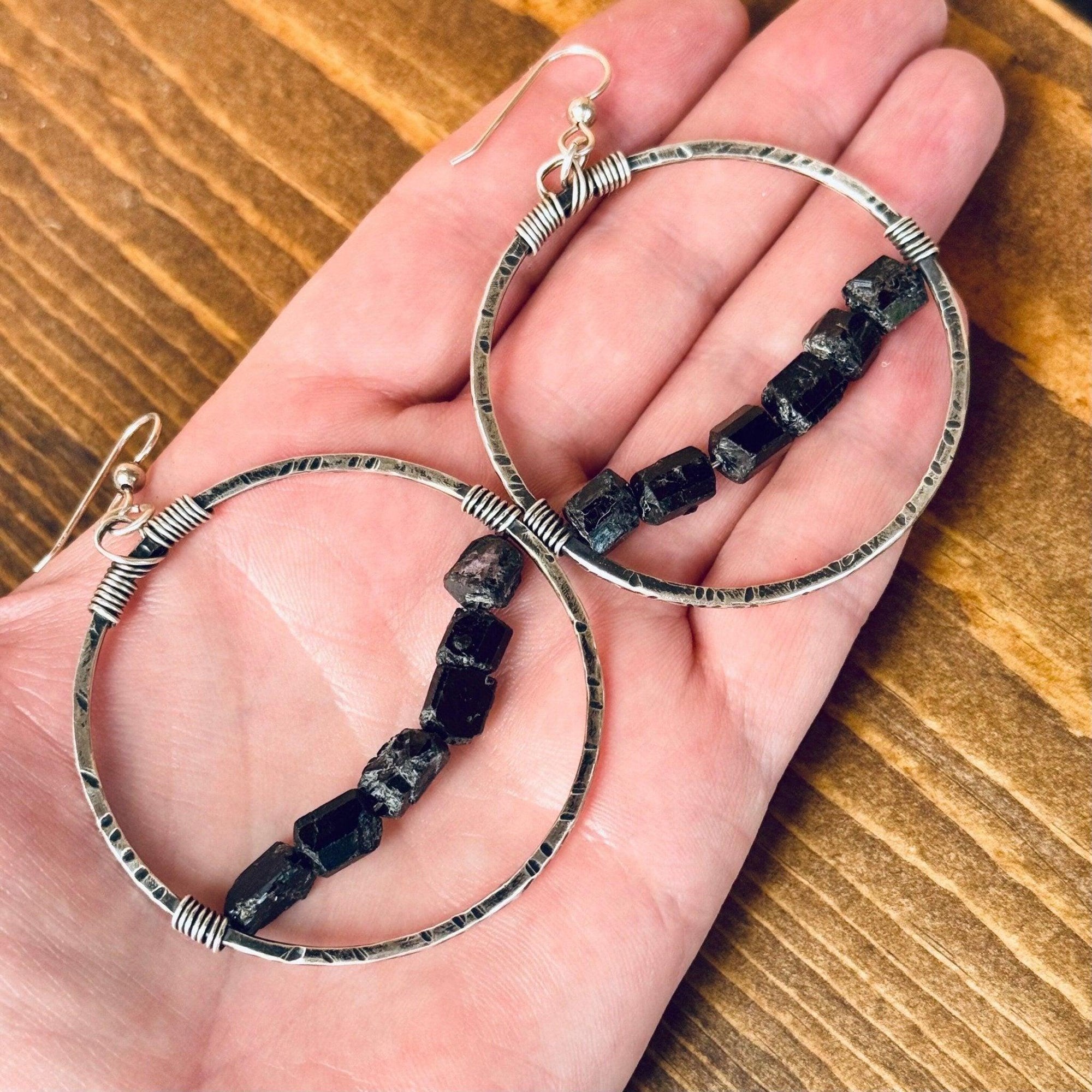 Silver Hoop Black Tourmaline - Bohemian | Handmade by Blackbird &amp; Sage