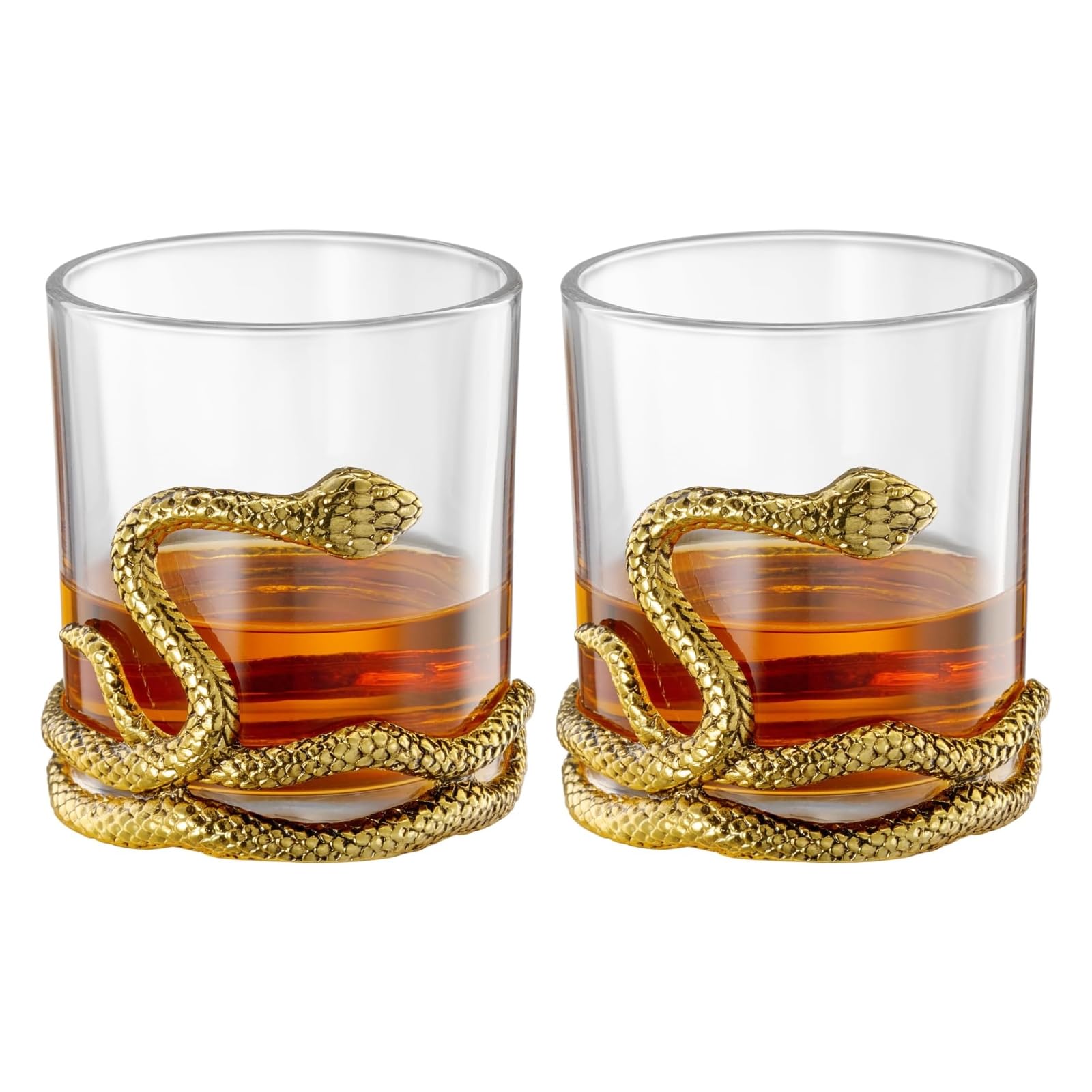 Snake Serpent Whiskey Glasses - 2 Glass Set Gold Design Unique Reptile Inspired Barware for Themed Parties Gothic Décor Snake Lover Gifts or Spooky Drinking Glasses Perfect for Cocktails and Spirits-0