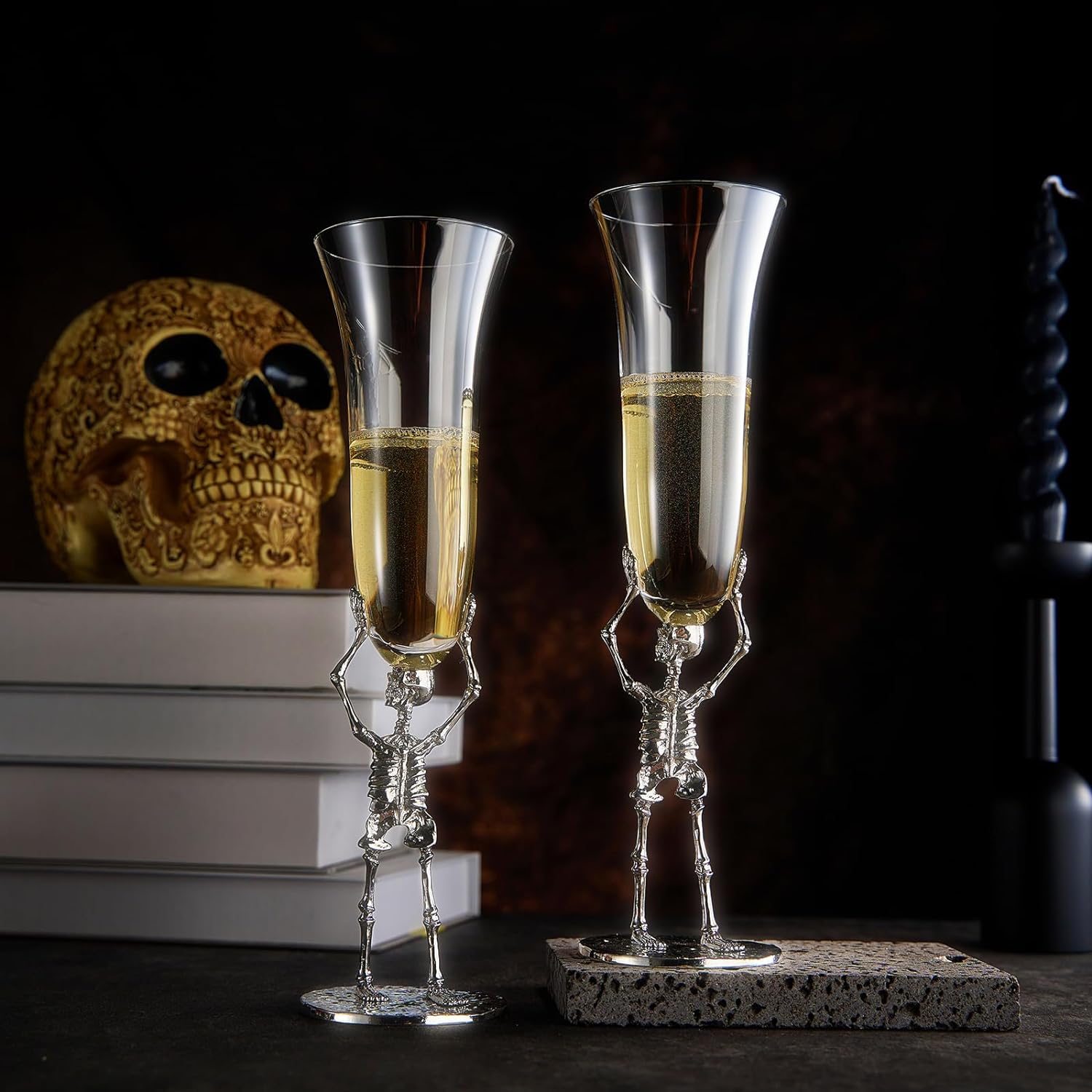Stemmed Skeleton Champagne Flute Glass | Set of 2 | 7.5oz Halloween Skeleton Glasses 10" H, Goth Gifts, Skeleton Gifts, Skeleton Decor, Spooky Wine Gift Set, Perfect for Halloween Themed Parties-1