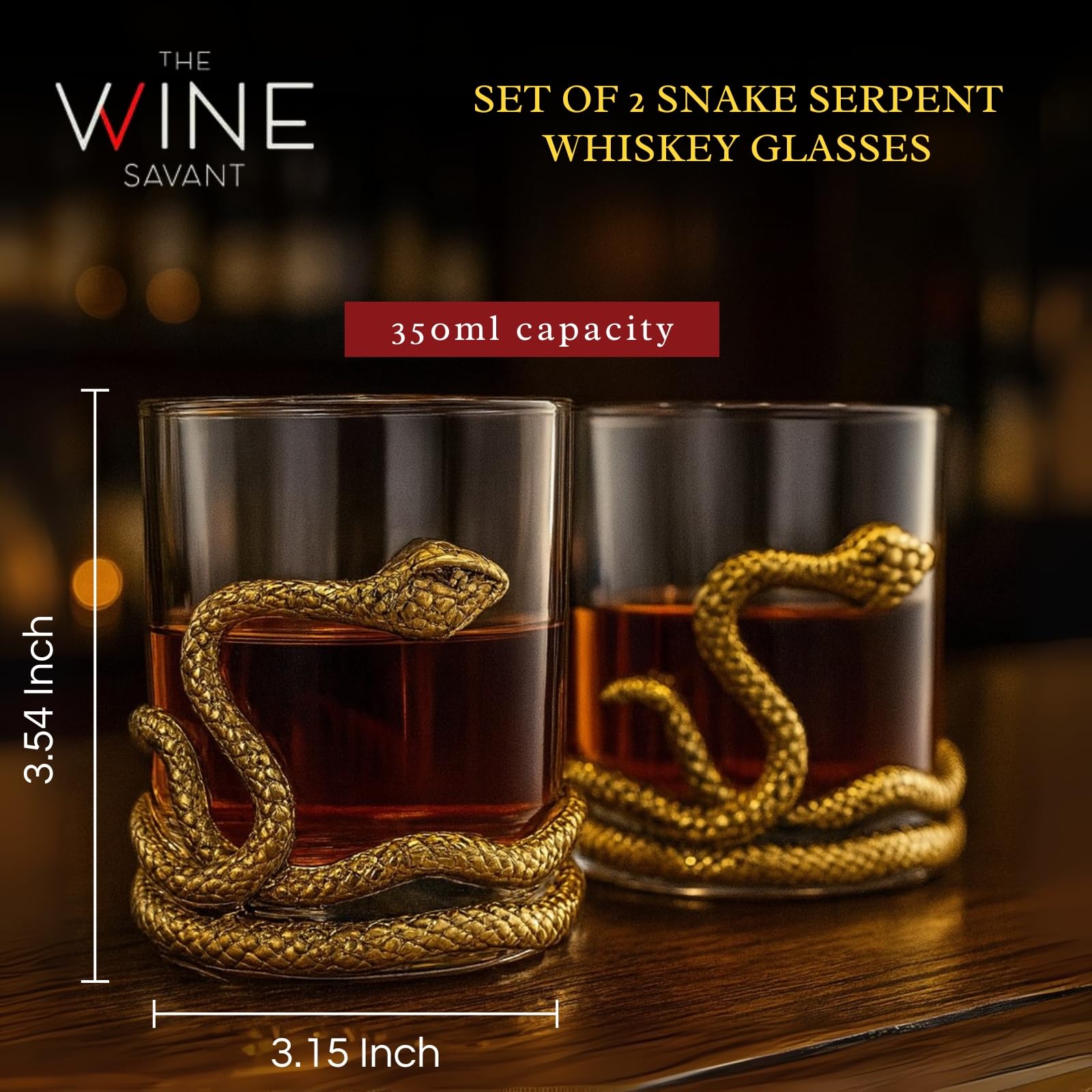 Snake Serpent Whiskey Glasses - 2 Glass Set Gold Design Unique Reptile Inspired Barware for Themed Parties Gothic Décor Snake Lover Gifts or Spooky Drinking Glasses Perfect for Cocktails and Spirits-1