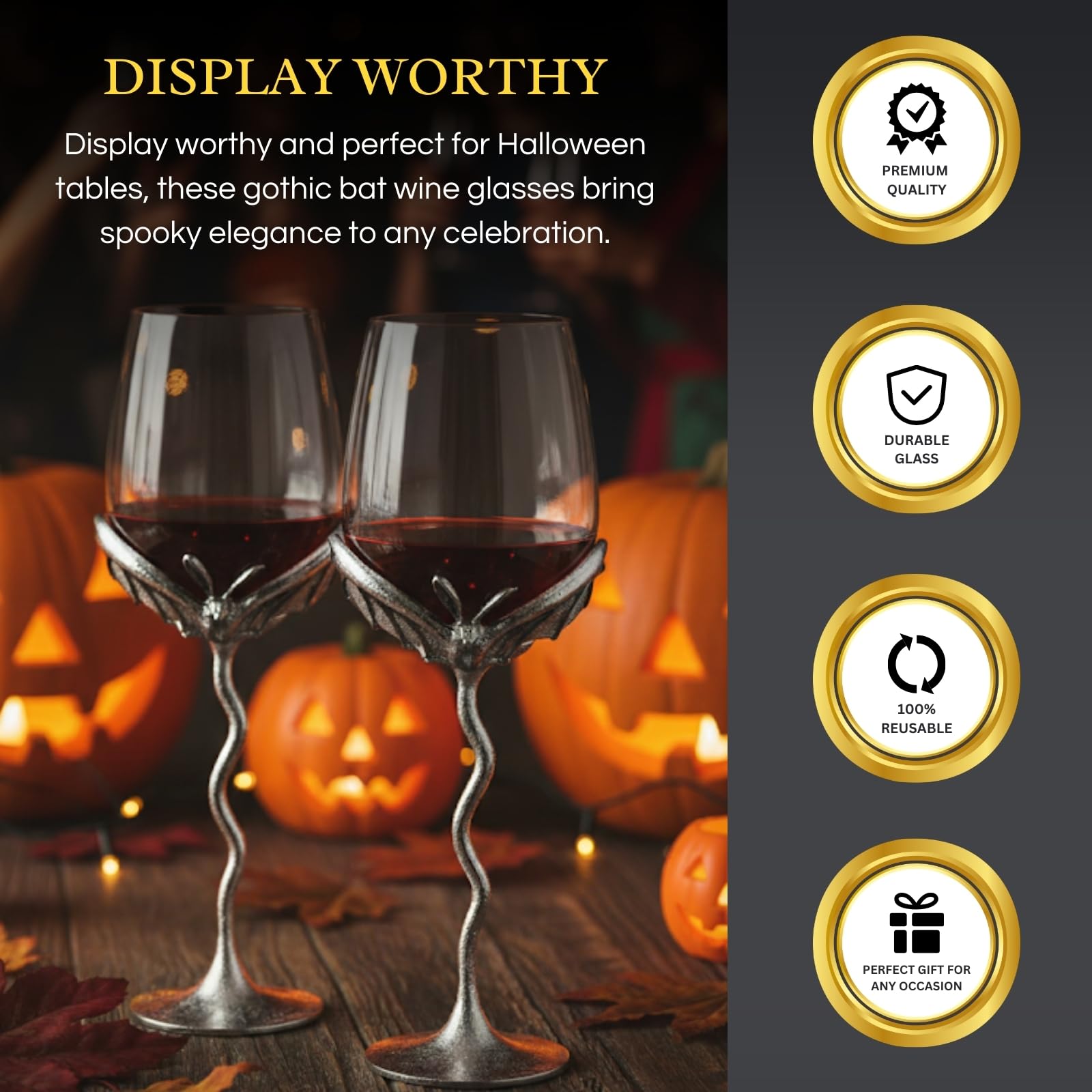 Silver Bat Wine Glasses Set of 2 Gothic Goblet Pair with Alloy Steel Stems and Borosilicate Glass Unique Barware Decorative Halloween or Vampire Glassware for Wine Party Dining Table or Holiday Gift-3