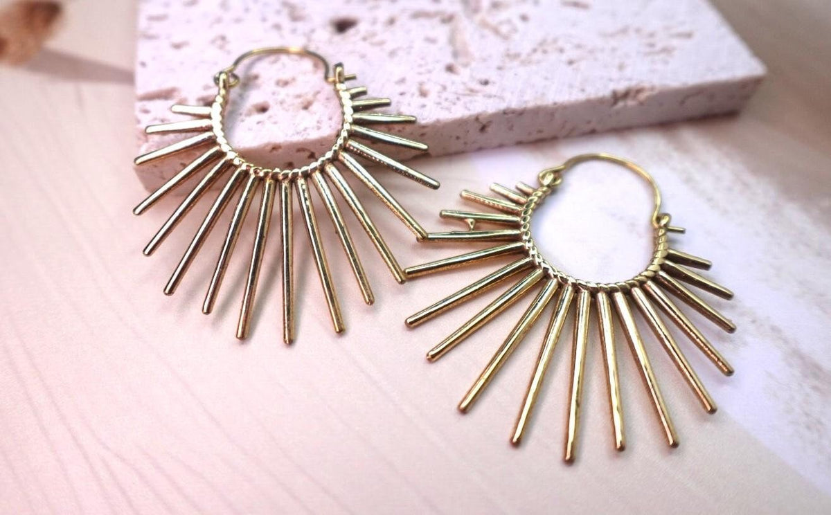 Boho style Brass/Silver Sunburst Hoop Earrings.