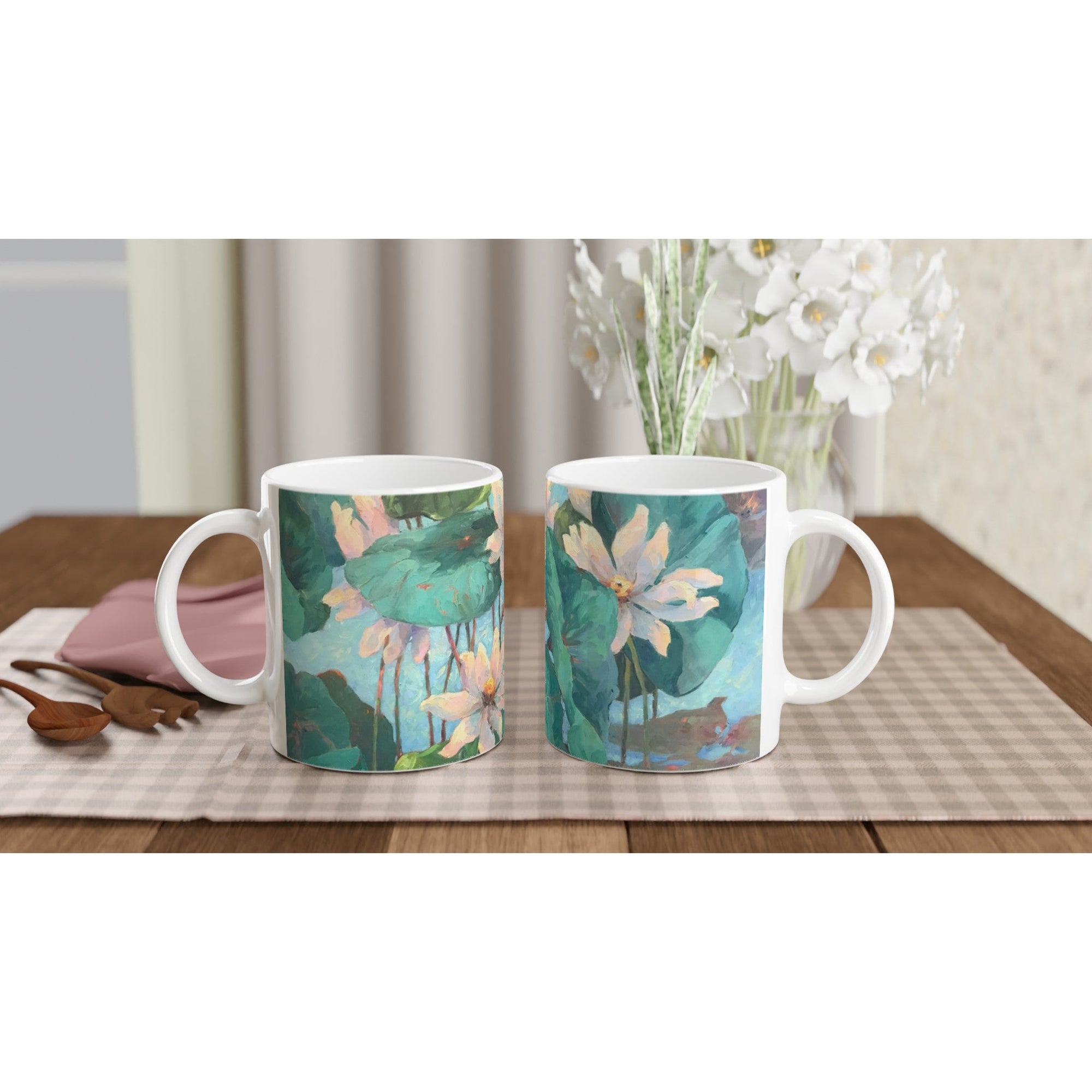 11oz White Ceramic Mug | Coffee Cup with &#39;Lily Pads&#39; Floral Artwork by American Artist Barbara Cleary
