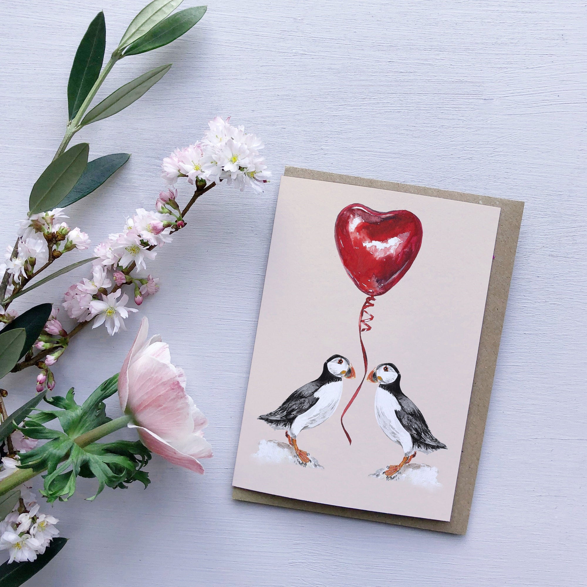 Puffin love watercolour greetings card