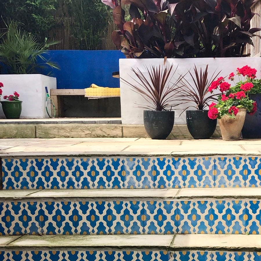 Luxury Moroccan cement tiles, blue yellow cream geometric pattern, premium handcrafted floor and wall tiles, stylish SOUK design by Maria Starling Design at brixbailey.com