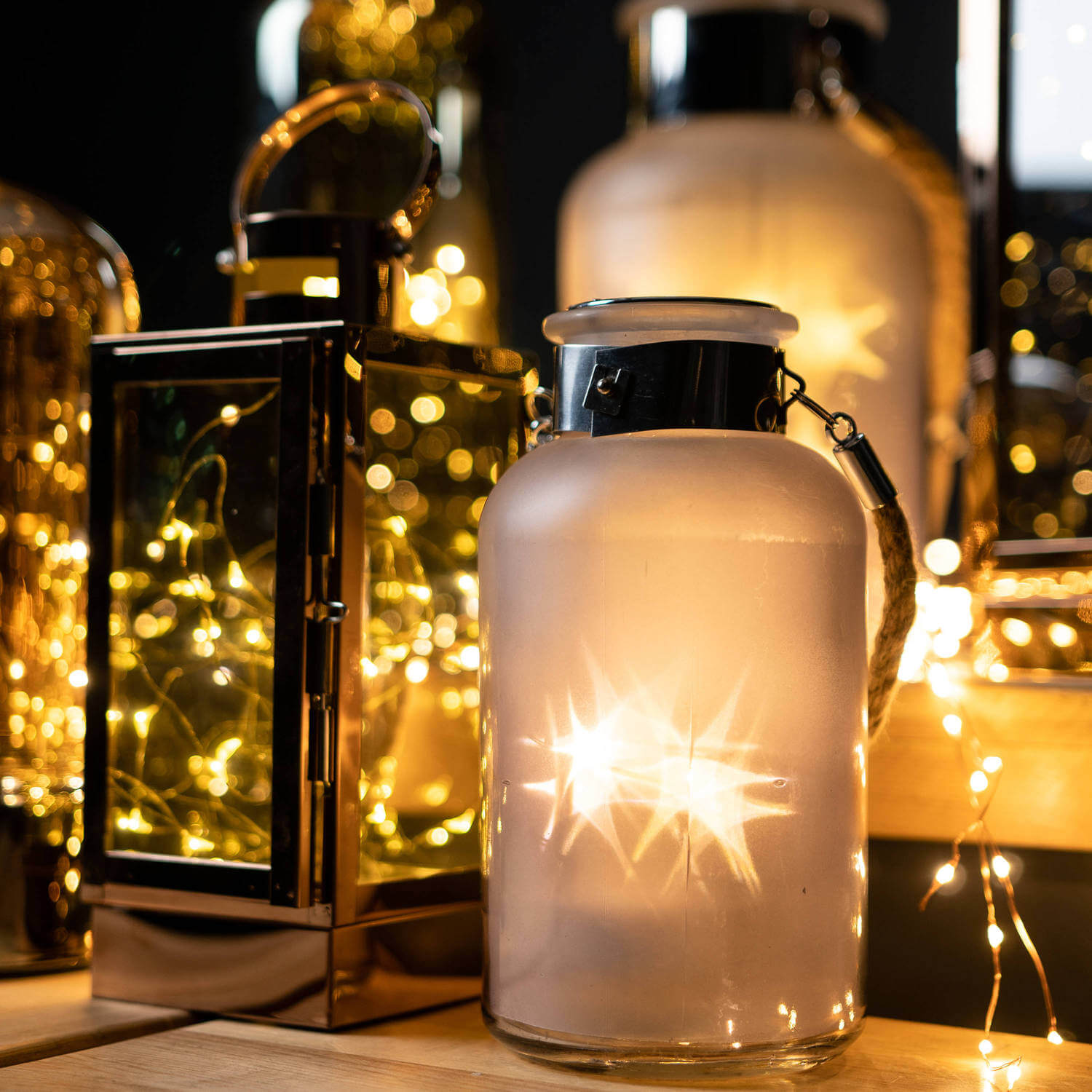 Frosted Glass Lantern with LED Glow and Rope Handle