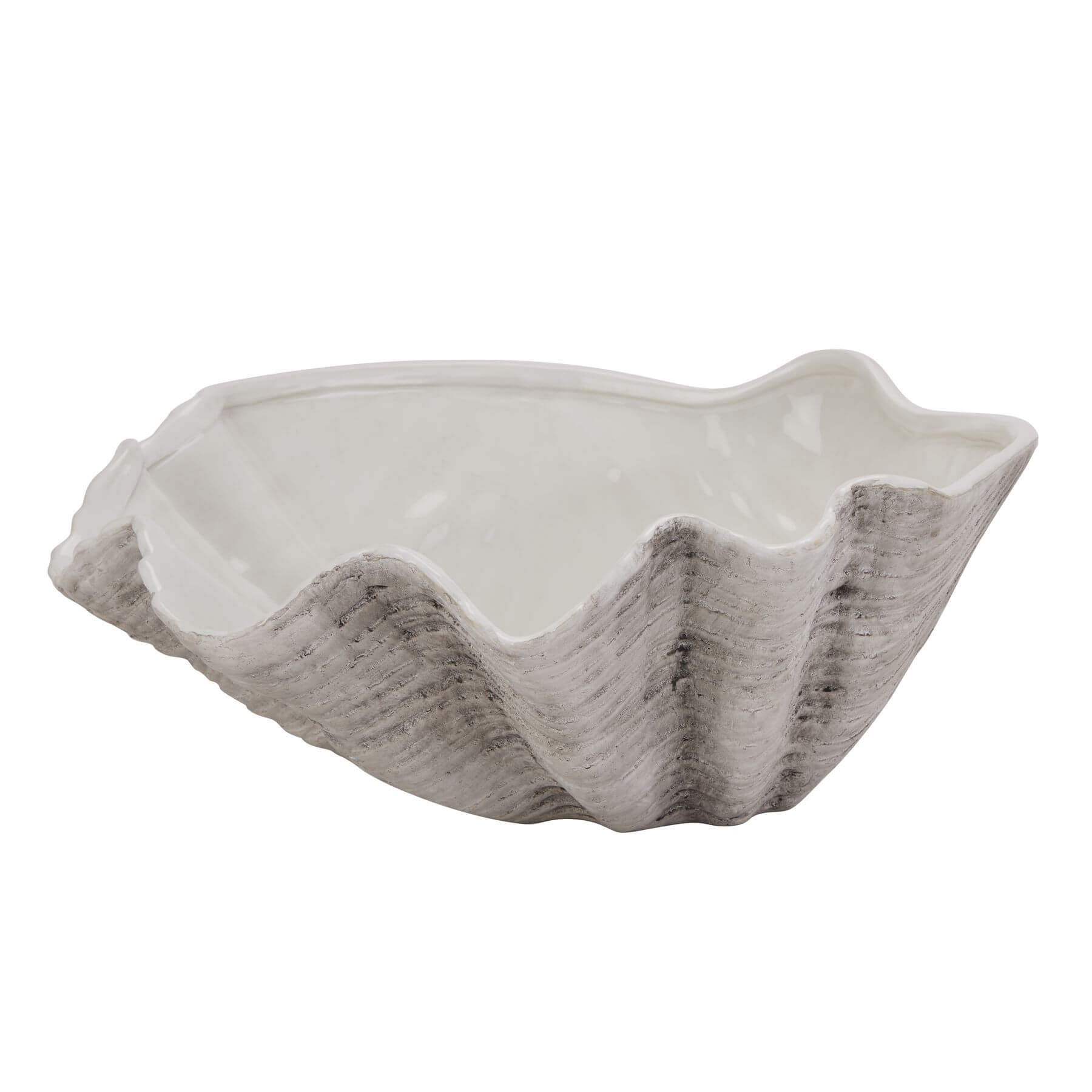 Handcrafted white ceramic shell bowl with artisanal texture, perfect for coastal decor or floral displays. by sostter at brixbailey.com