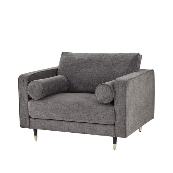 Grey fabric armchair with plush cushioning, curved arms, and neutral tone for modern or traditional interiors by Sostter at brixbailey.com