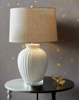 Handcrafted Ceramic Lamp with Woven Detailing and Linen Shade