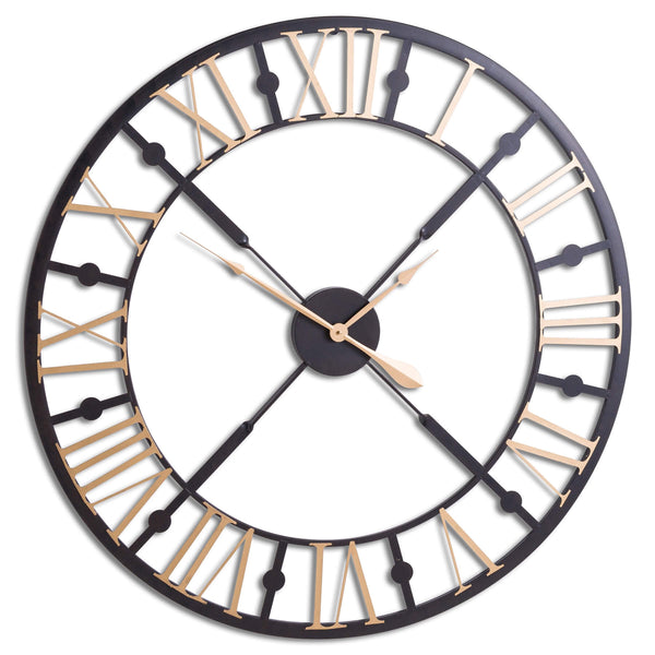 Black and gold skeleton station clock with intricate mechanical movement, 95cm contemporary metal wall decor by Sostter at brixbailey.com