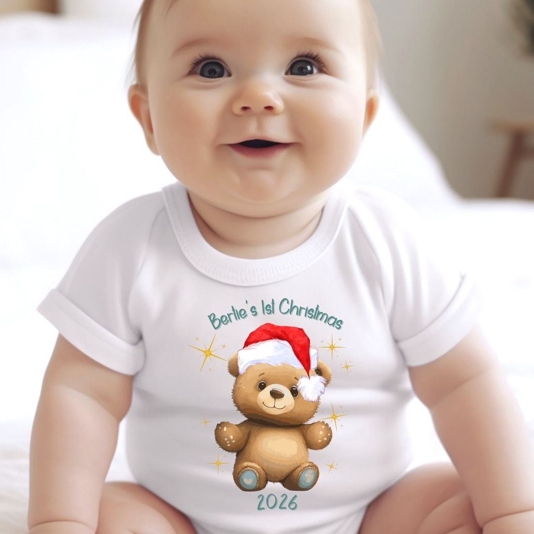 Personalised 1st Christmas Teddy Baby Vest, Babygrow or Bib, Newborn Xmas Gift
