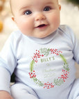 Personalised 1st Christmas Berry Wreath Baby Vest, Babygrow or Bib, Newborn Gift