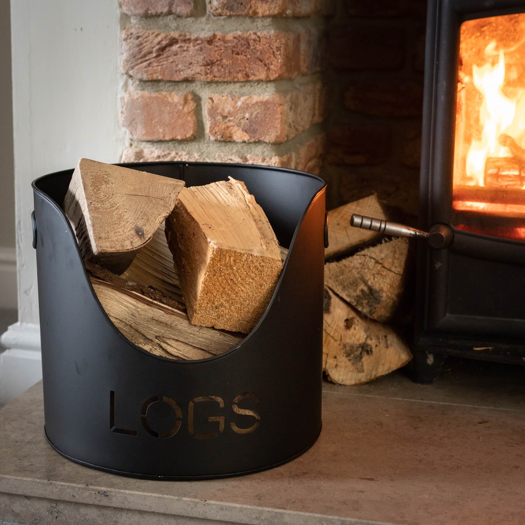 Black Steel Fireplace Log Bucket with Kindling and Match Holder