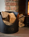 Black Steel Fireplace Log Bucket with Kindling and Match Holder