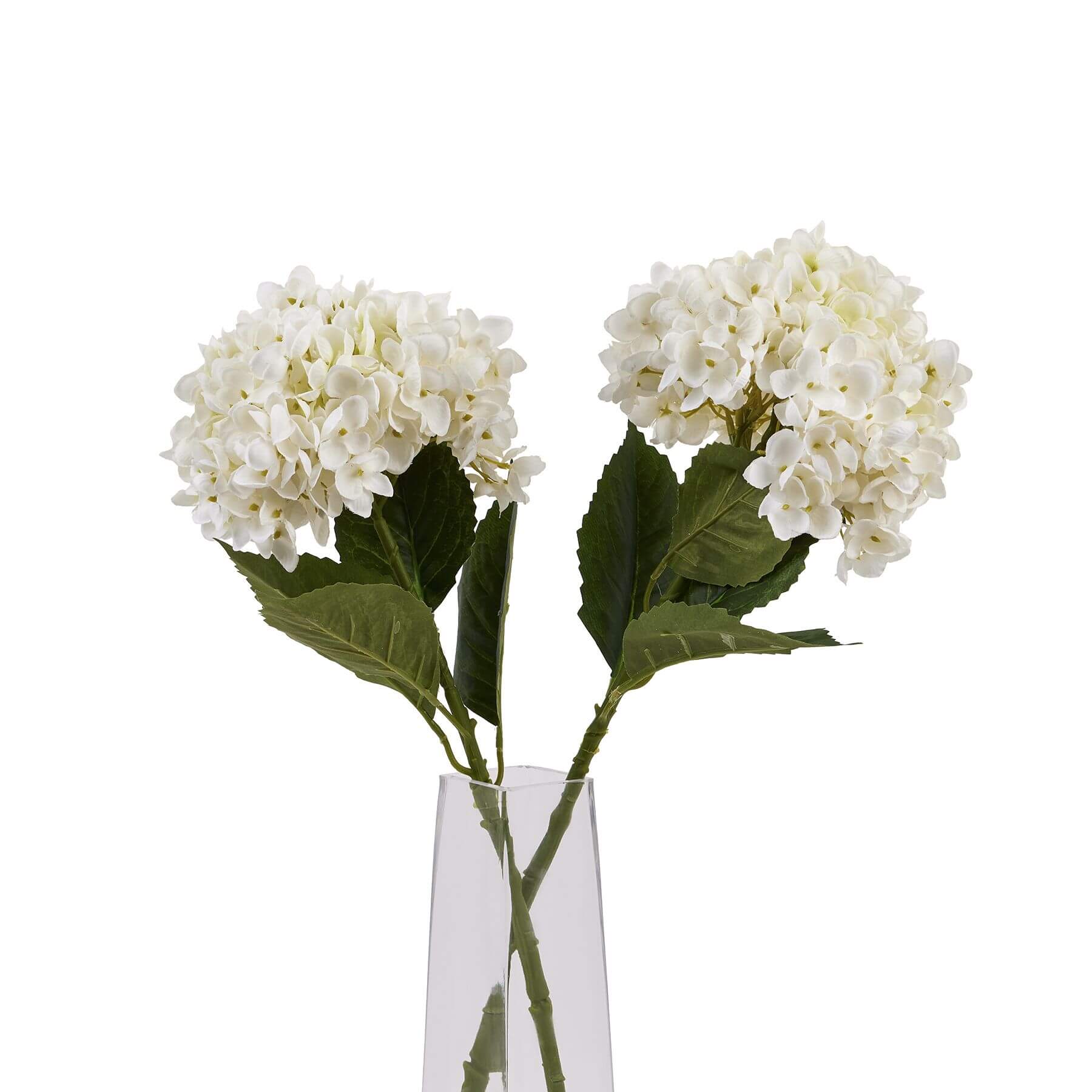 White artificial hydrangea stem with realistic petals, pristine white florets, and green sturdy stem for floral arrangements. by sostter at brixbailey.com