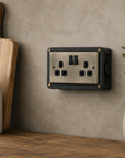 Antique Brass Double Gang Plug Socket with Industrial Black Cast Back Conduit Box