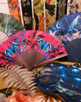 Hot pink 'Fuchsia' silk folding hand fan with butterfly and mushroom painted artwork