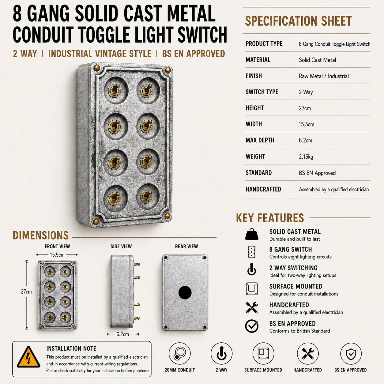 8 Gang 2 Way Solid Cast Metal Conduit Light Switch Industrial