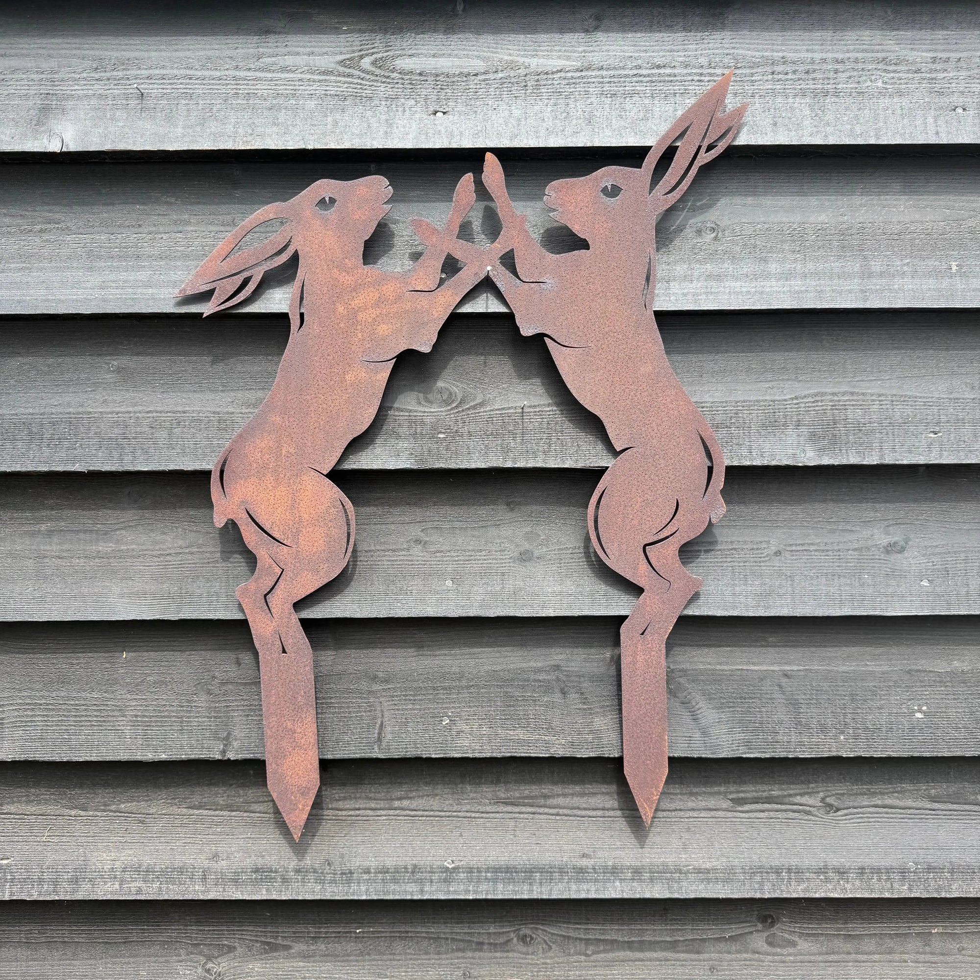 Rusty Metal Boxing Hares Garden Ornament