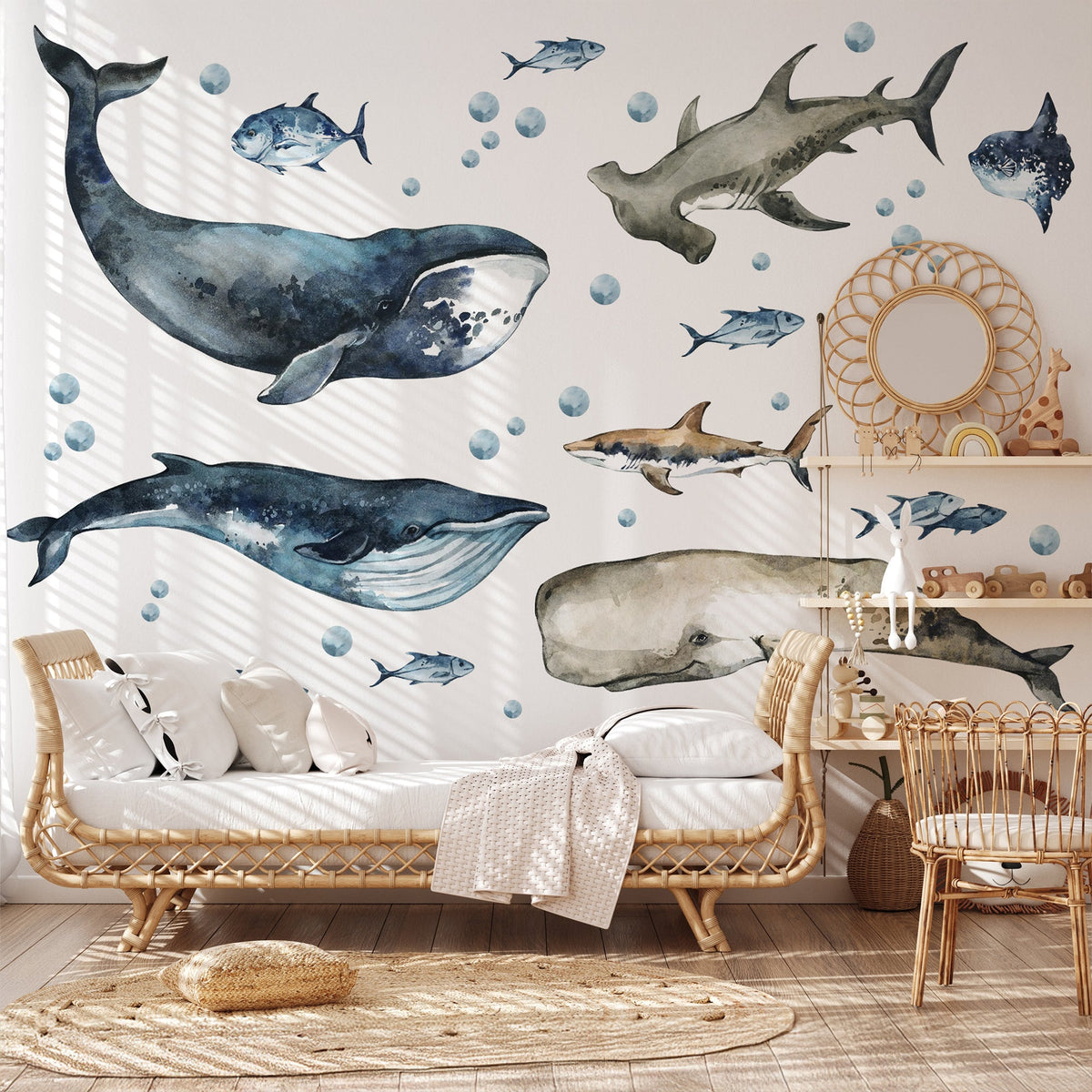 Sharks &amp; Whales Decal Set - Sperm, Humpback, Blue, Hammerhead Shark + More - Watercolour Effect Stickers - Ocean Theme