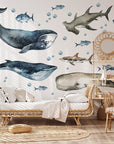 Sharks & Whales Decal Set - Sperm, Humpback, Blue, Hammerhead Shark + More - Watercolour Effect Stickers - Ocean Theme