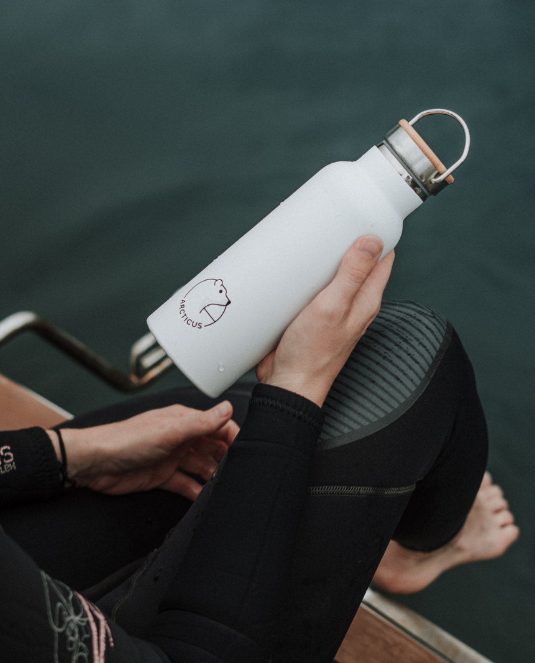 Premium Arctic Bottle, double-wall vacuum-insulated stainless steel, keeps drinks hot or cold, eco-friendly bamboo lid, leak-proof, BPA-free by Arcticus at brixbailey.com