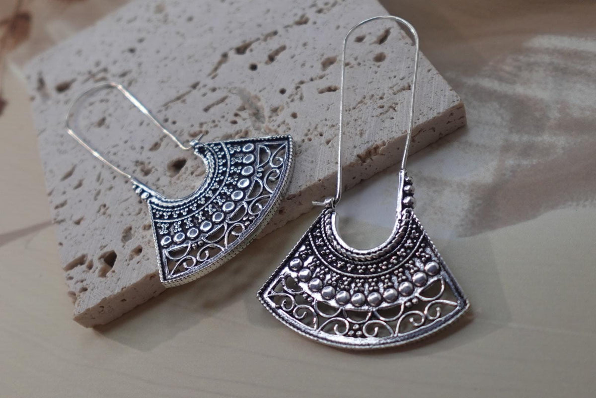 Fan-Shaped Tribal Brass/Silver Earrings