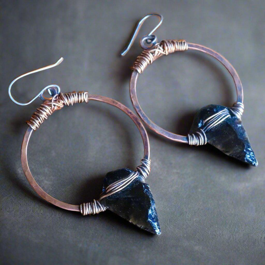 Obsidian Arrowhead Hoop Earrings – Boho | Handmade by Blackbird &amp; Sage
