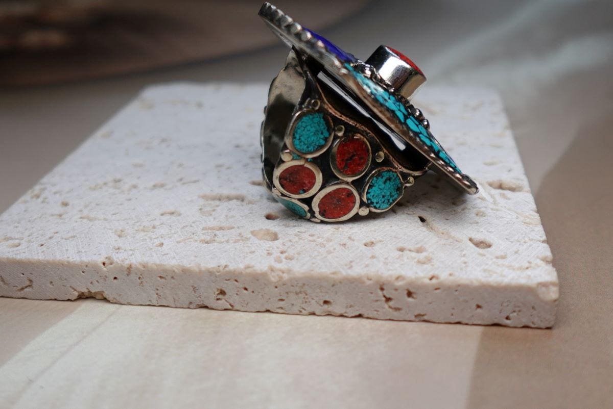 Adjustable Tibetan Silver Ring – Turquoise, Coral &amp; Lapis Inlay