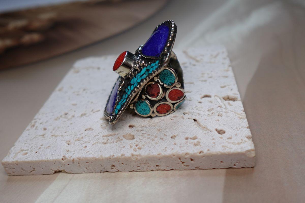 Adjustable Tibetan Silver Ring – Turquoise, Coral &amp; Lapis Inlay