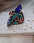 Adjustable Tibetan Silver Ring – Turquoise, Coral & Lapis Inlay