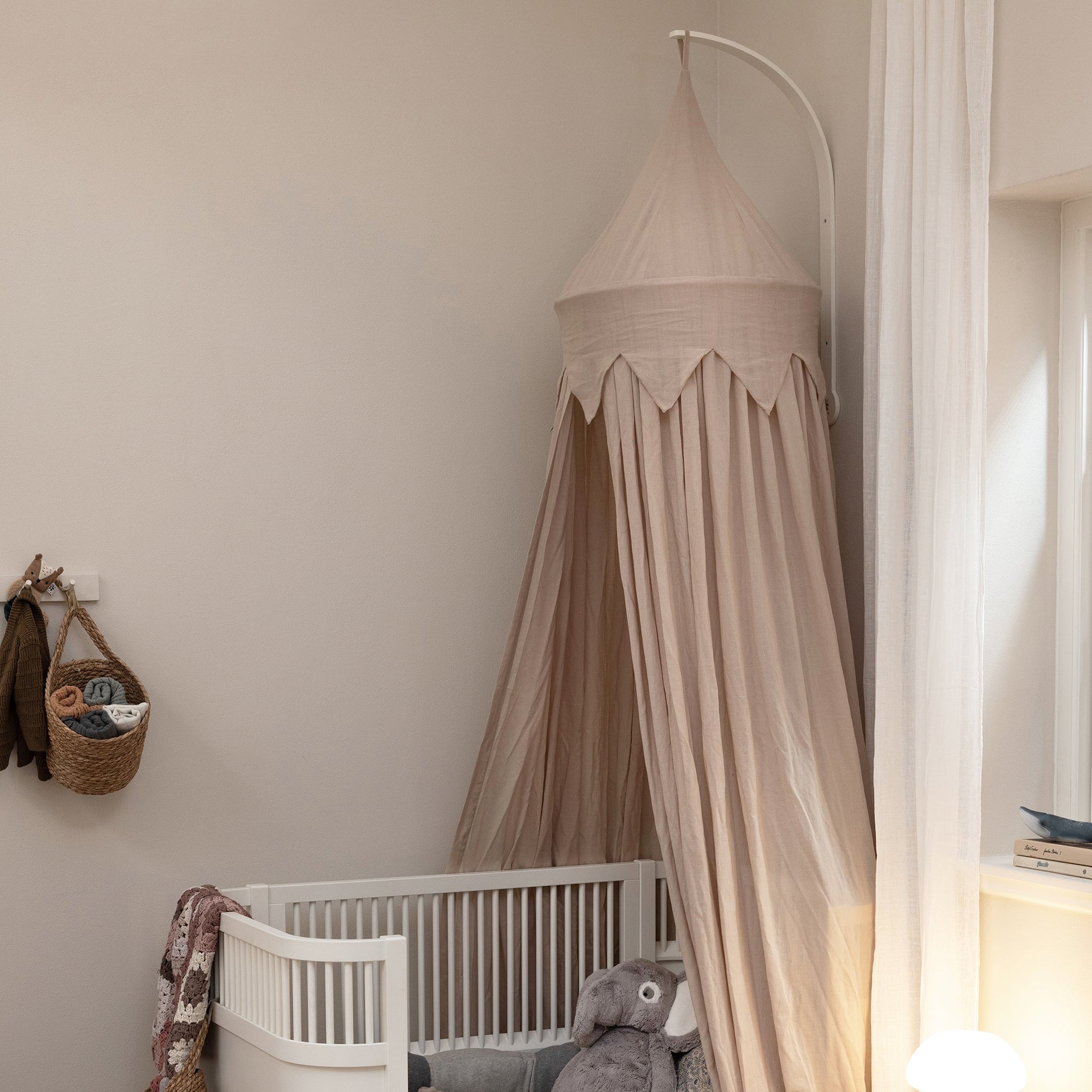 Star Canopy by Sebra - Jetty Beige luxury baby bed canopy with magical star trim, premium fabric, easy to hang, machine washable by Ella James at brixbailey.com