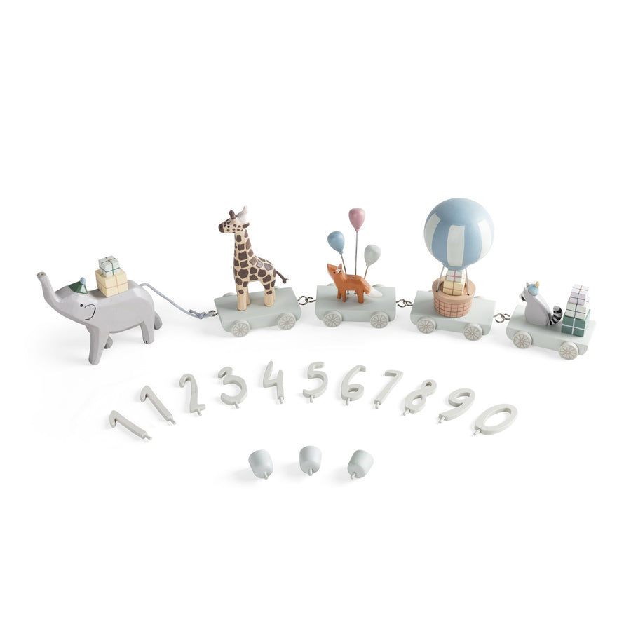 Premium Wooden Birthday Train with Animal Parade, Elephant and Wagons, Handcrafted Danish Design, Decorative Gift for Kids by Ella James at brixbailey.com