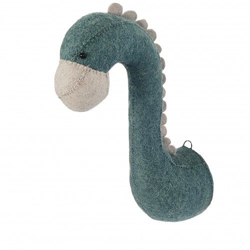 Luxury mini Diplodocus wall head in soft blue grey, handcrafted wool felt with beaded eyes, stylish nursery decor, trending dinosaur collection by Ella James at brixbailey.com