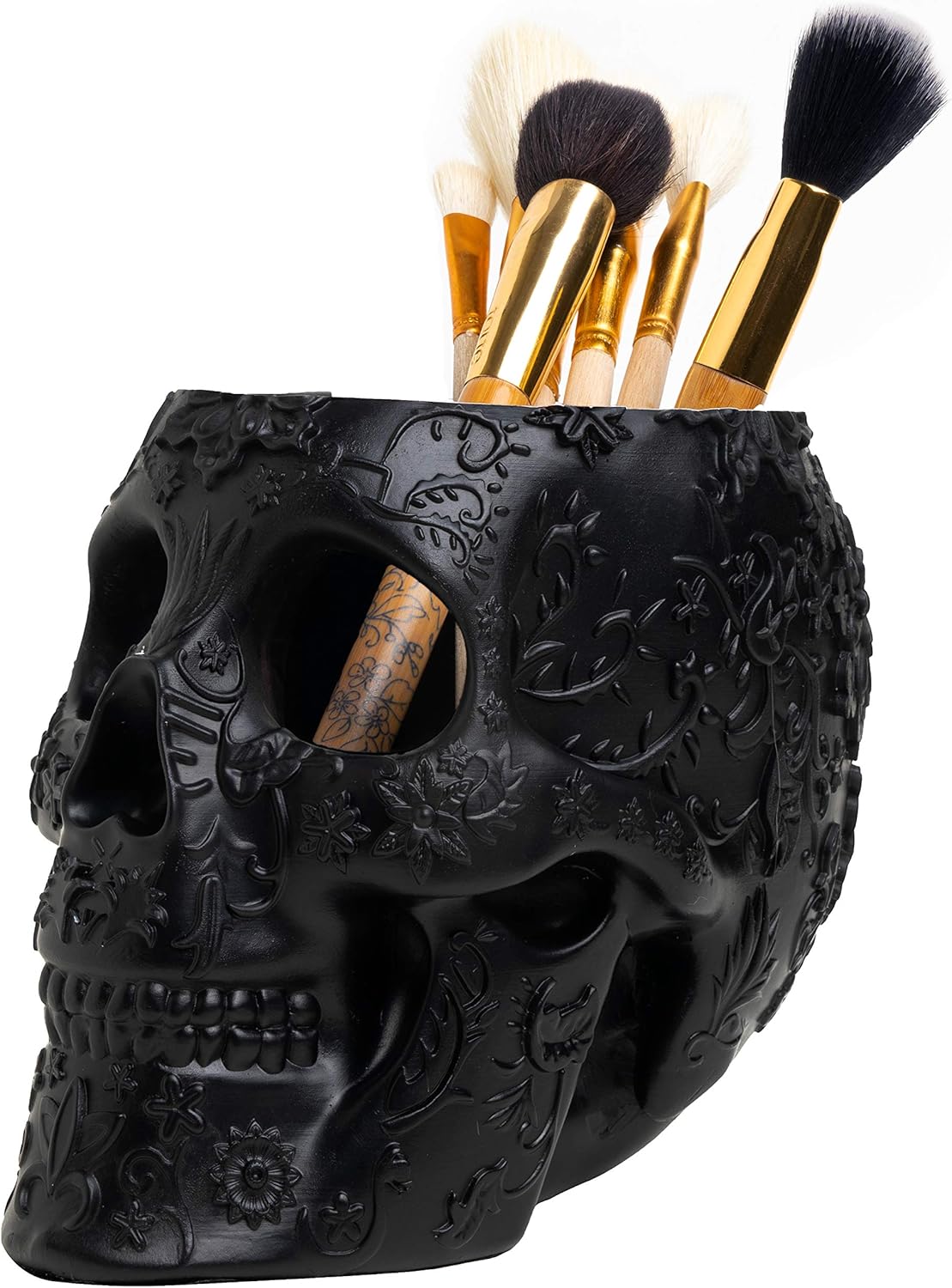 Skull Makeup Brush Holder, Pen Holder, Vanity, Desk, Office Organizer, Stationary, Decor Planter , Candy Bowl , Goth Decorations , Extra Large, Skulls Gothic Skull & Bones Organizer Bathroom (Black)-0