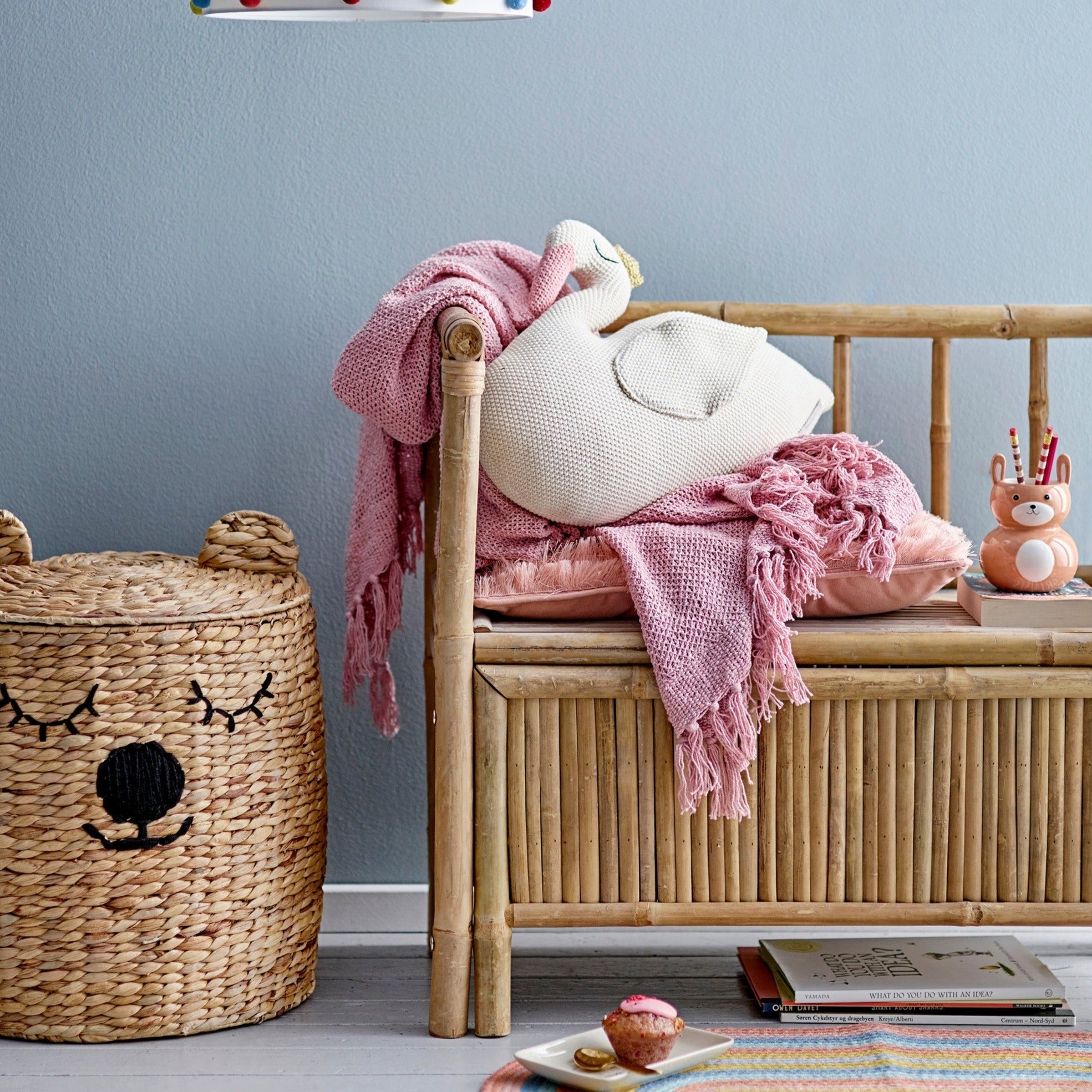 Premium embroidered bear storage basket with lid, stylish kids room decor, cute nursery organization solution by Ella James at brixbailey.com