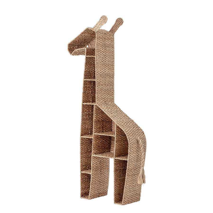 Luxury tall giraffe bookcase, stylish safari-themed woven grass shelving unit, premium nursery storage for toys and books by Ella James at brixbailey.com