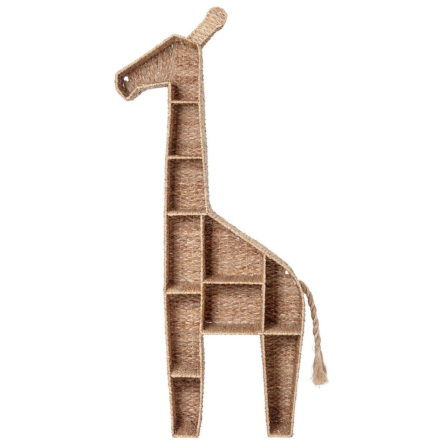 luxury tall giraffe bookcase, premium safari-themed woven grass shelving unit, stylish nursery storage for toys and books by Ella James at brixbailey.com